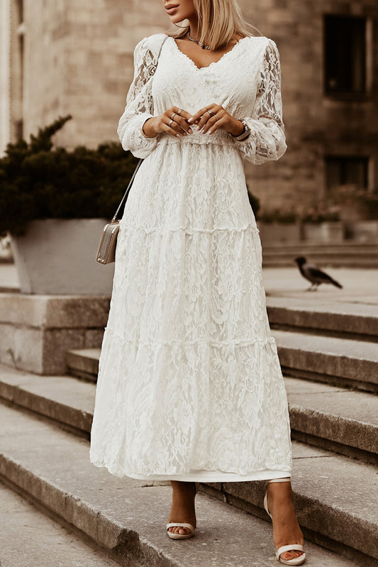 White Bubble Sleeve Tiered Lace Wedding Party Dress White 70%Cotton+30%Polyamide Maxi Dresses JT's Designer Fashion