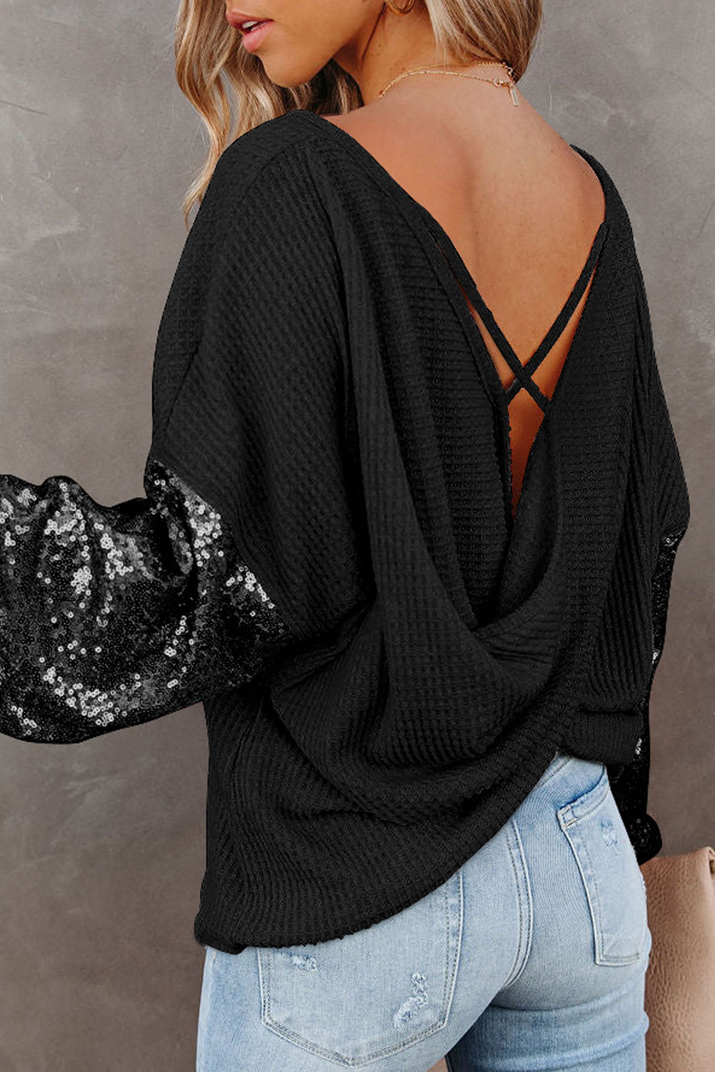 Black Apricot Crossed Open Back Sequin Puff Sleeve Top Tops & Tees JT's Designer Fashion