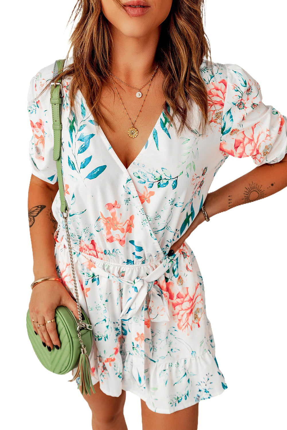 Floral Print Puff Sleeves Romper Jumpsuits & Rompers JT's Designer Fashion