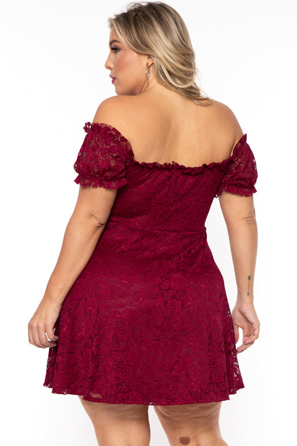 Red Lace Frill Bubble Sleeve Off Shoulder Plus Size Dress Plus Size Dresses JT's Designer Fashion