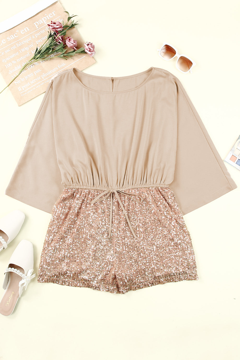 Khaki Sequin Patchwork Drawstring High Waist Romper Jumpsuits & Rompers JT's Designer Fashion