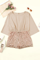 Khaki Sequin Patchwork Drawstring High Waist Romper Jumpsuits & Rompers JT's Designer Fashion