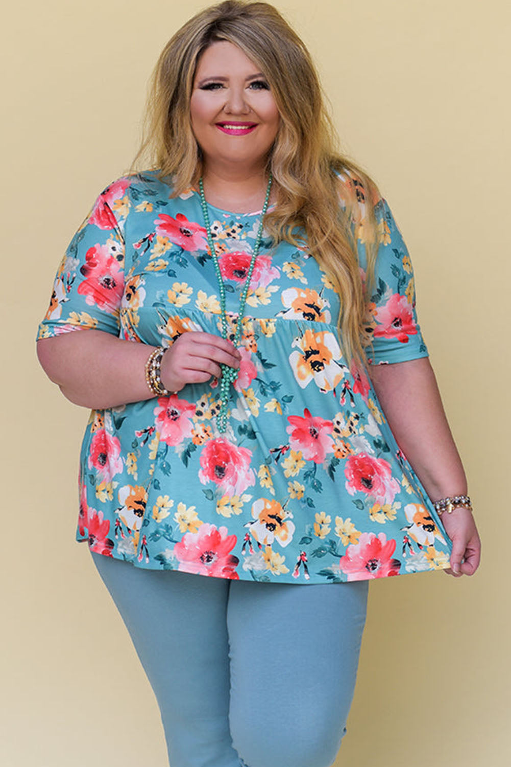 Sky Blue Plus Size Floral Print Short Sleeve Flowy Top Plus Size Tops JT's Designer Fashion