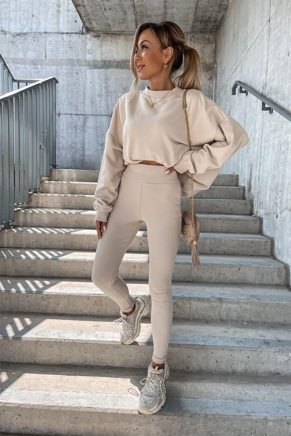 Beige Solid Sweatshirt and Leggings Two Piece Set Bottoms JT's Designer Fashion