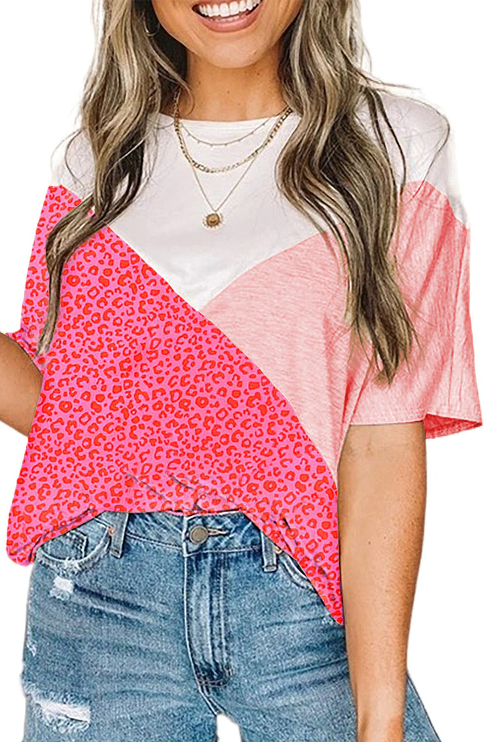 Pink Loose Colorblock Leopard T-shirt Tops & Tees JT's Designer Fashion