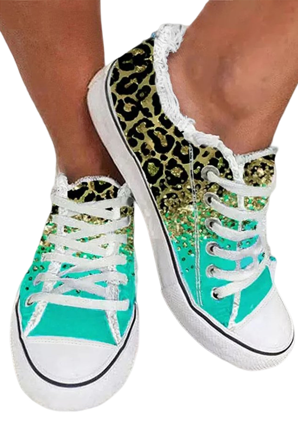 Multicolor Leopard Print Criss Cross Distressed Canvas Sneakers Women's Shoes JT's Designer Fashion