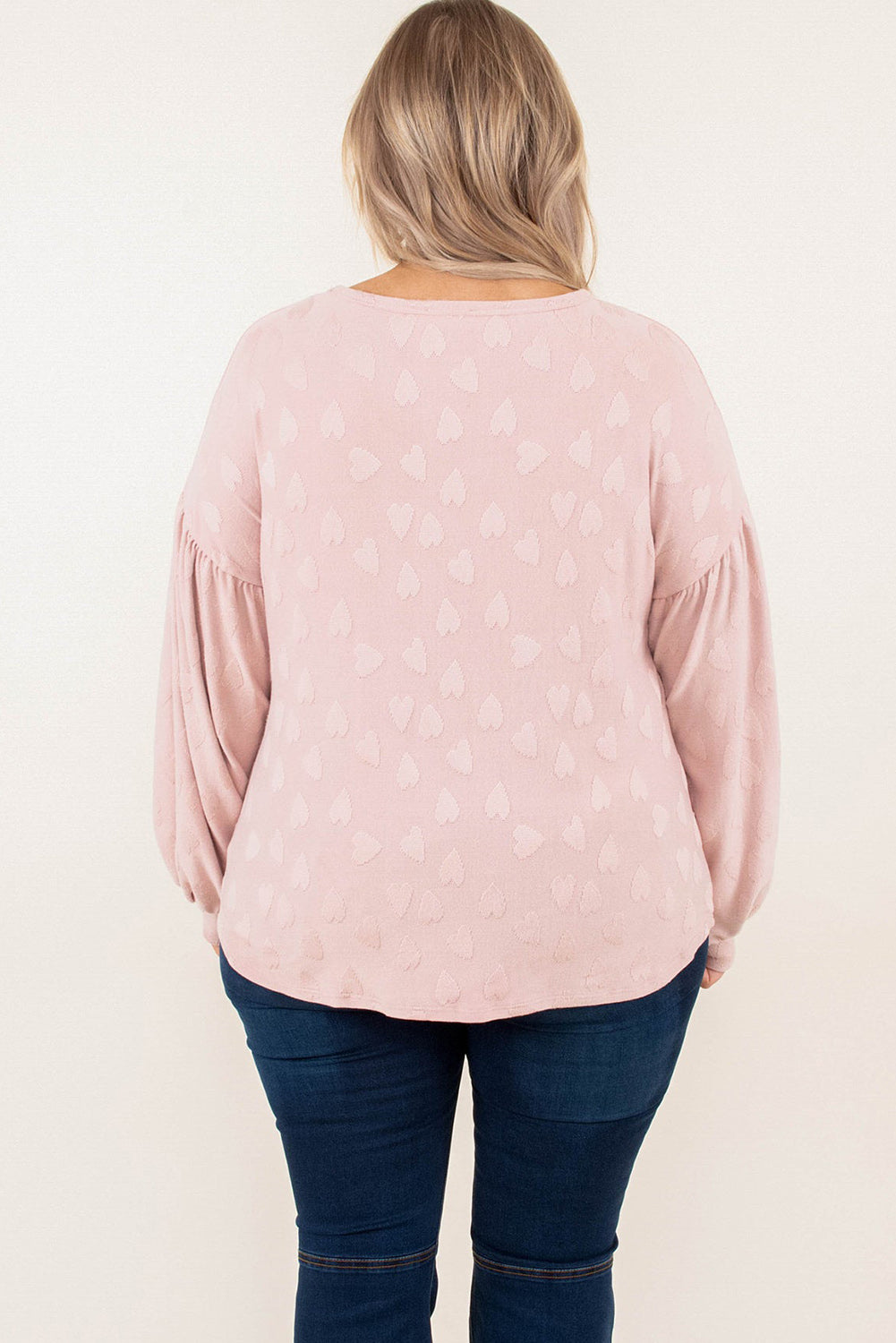 Light Pink Heart Pattern Lantern Sleeve Drop Shoulder Plus Top Plus Size JT's Designer Fashion