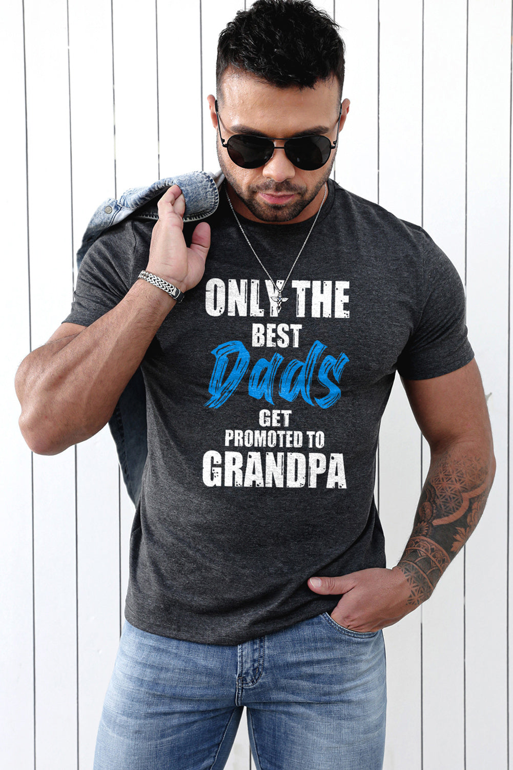 Gray Best Dad Promoted To Grandpa Mens Graphic Tee Men's Tops JT's Designer Fashion