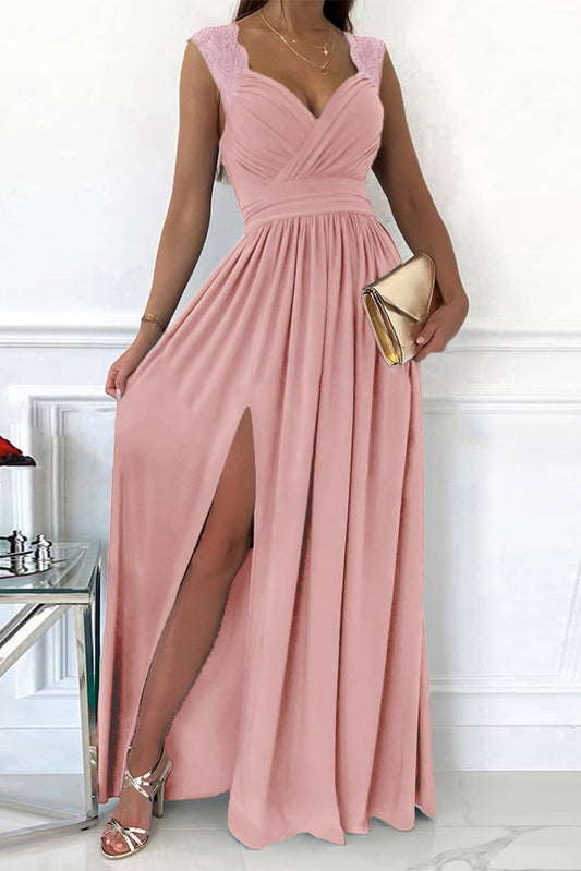 Pink Wine V Neck Zip Backless Lace Splicing Side Split Maxi Dress Bottoms JT's Designer Fashion