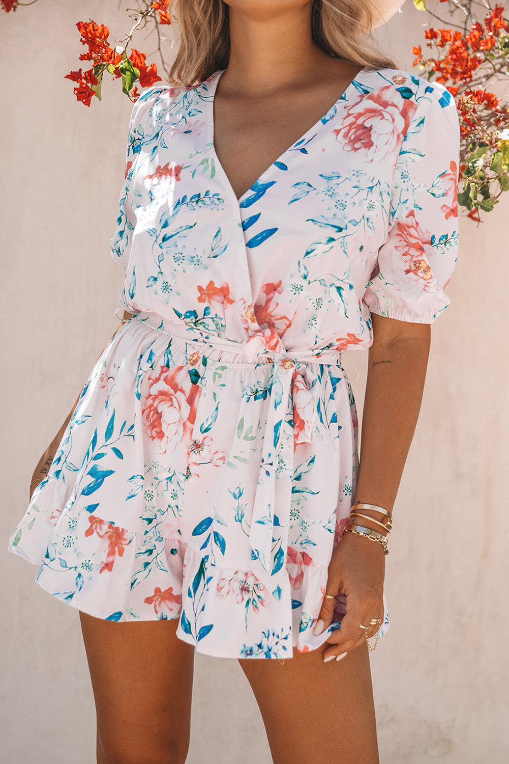 Floral Print Puff Sleeves Romper Jumpsuits & Rompers JT's Designer Fashion