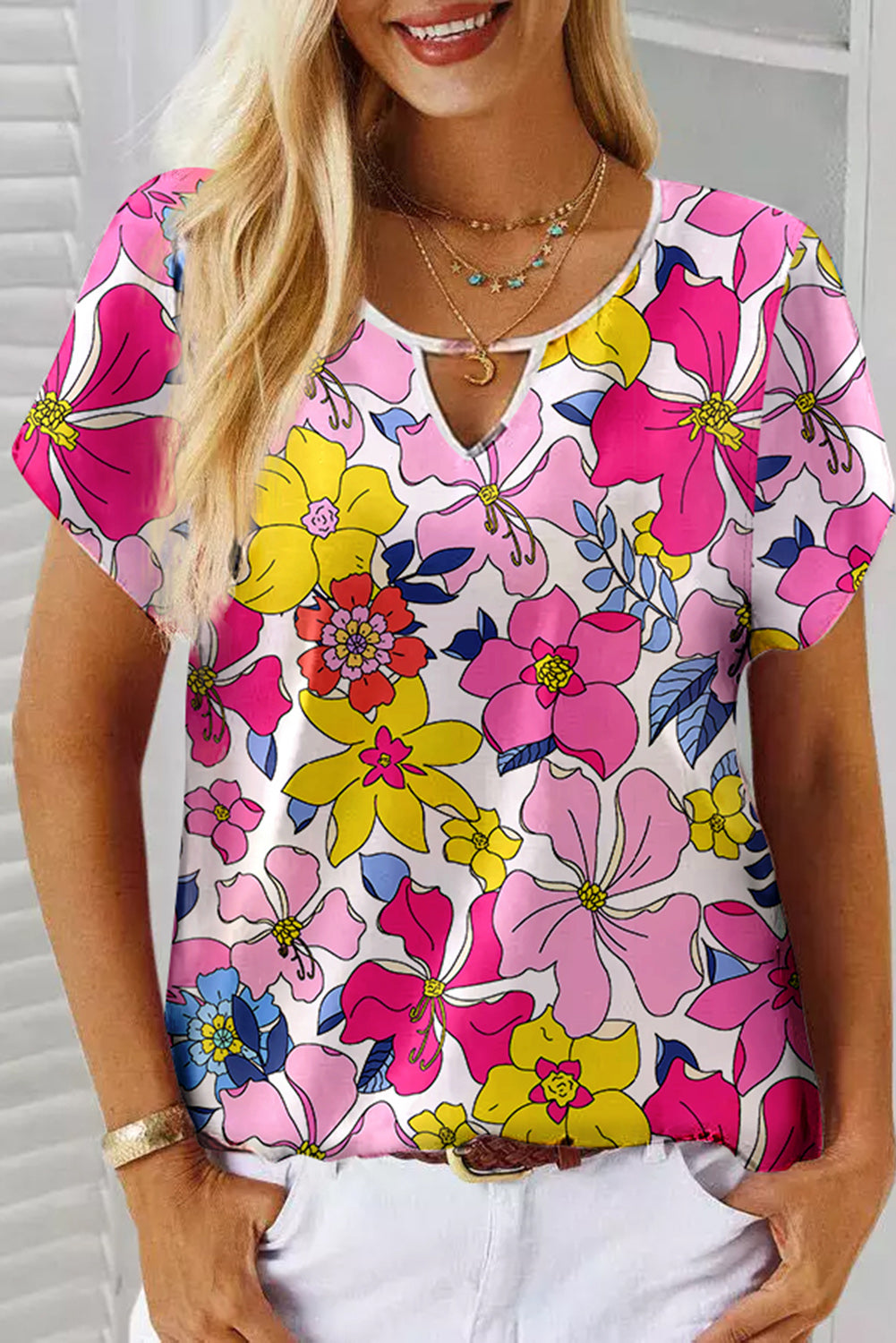 Multicolor Floral Print Cut out Short Sleeve Top Tops & Tees JT's Designer Fashion