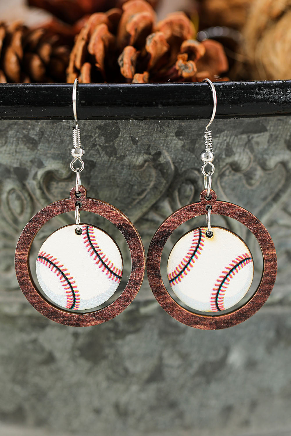 White Baseball Pattern Wood Round Drop Earrings Jewelry JT's Designer Fashion