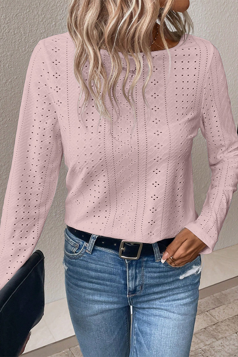 Light Pink Floral Lace Splicing Eyelet Long Sleeve Top Tops & Tees JT's Designer Fashion