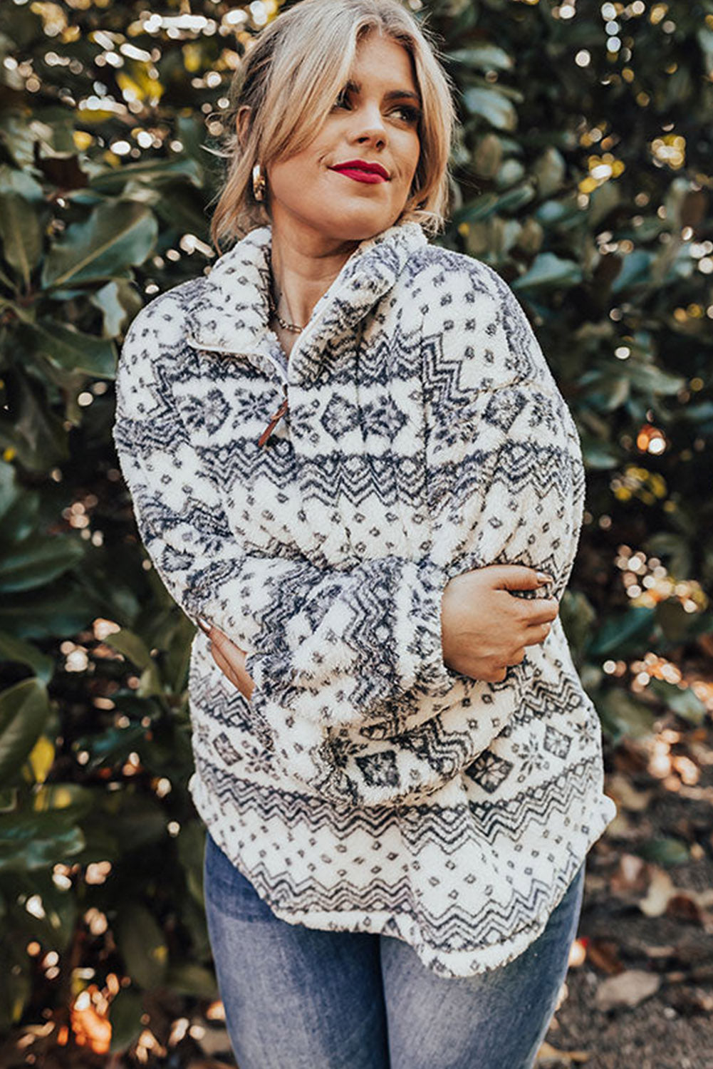 White Sherpa Geometric Print Quarter Zip Plus Size Hoodie Plus Size JT's Designer Fashion