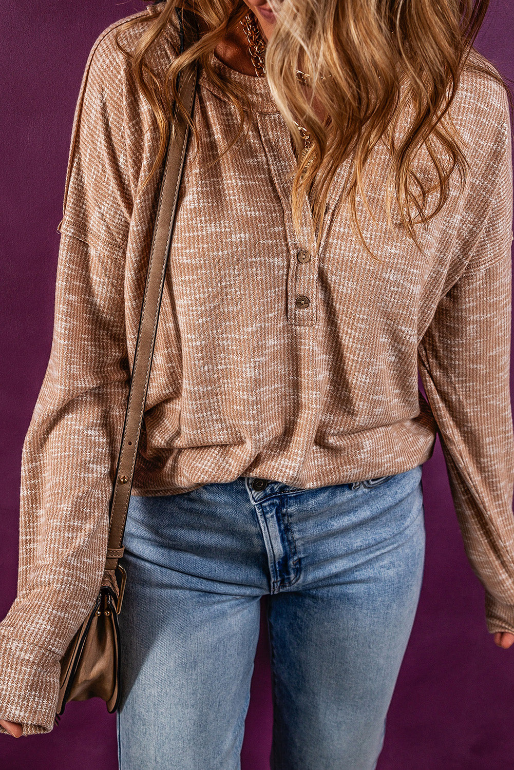 Chestnut Drop Shoulder Long Sleeve Henley Top Tops & Tees JT's Designer Fashion