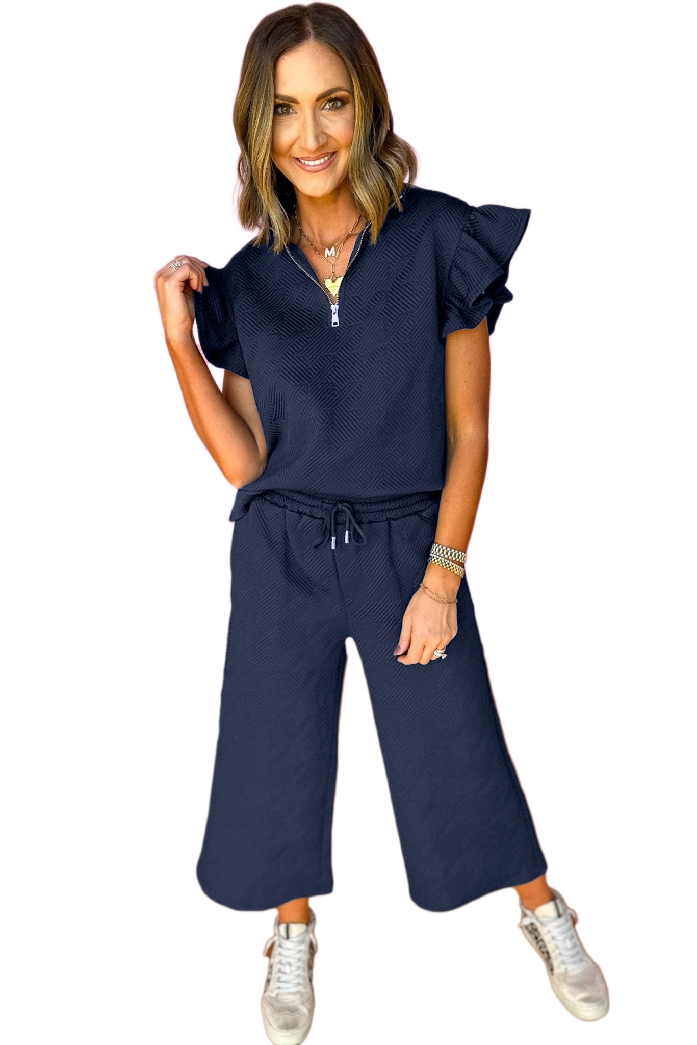 Navy Blue Textured Ruffled Cap Sleeve Top Wide Leg Pants Set Bottoms JT's Designer Fashion