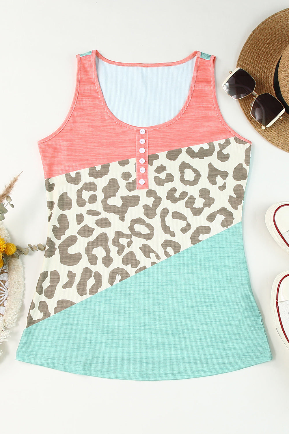 Leopard Color Block Button Casual Tank Top Tank Tops JT's Designer Fashion