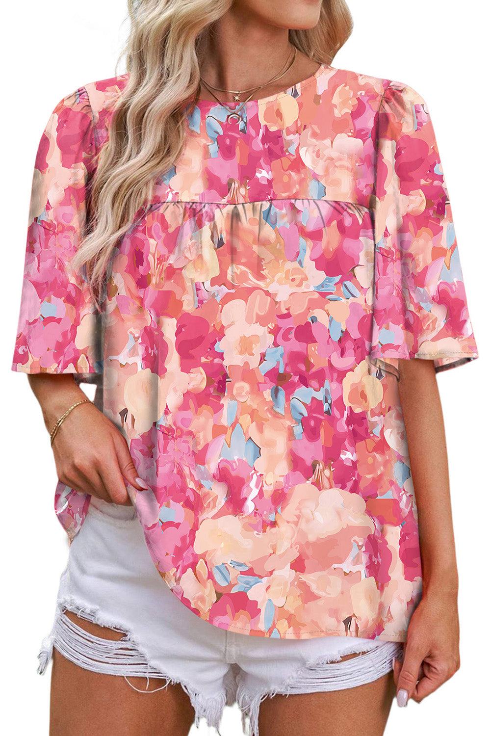 Pink Red Floral Print Wide Sleeve Blouse Tops & Tees JT's Designer Fashion