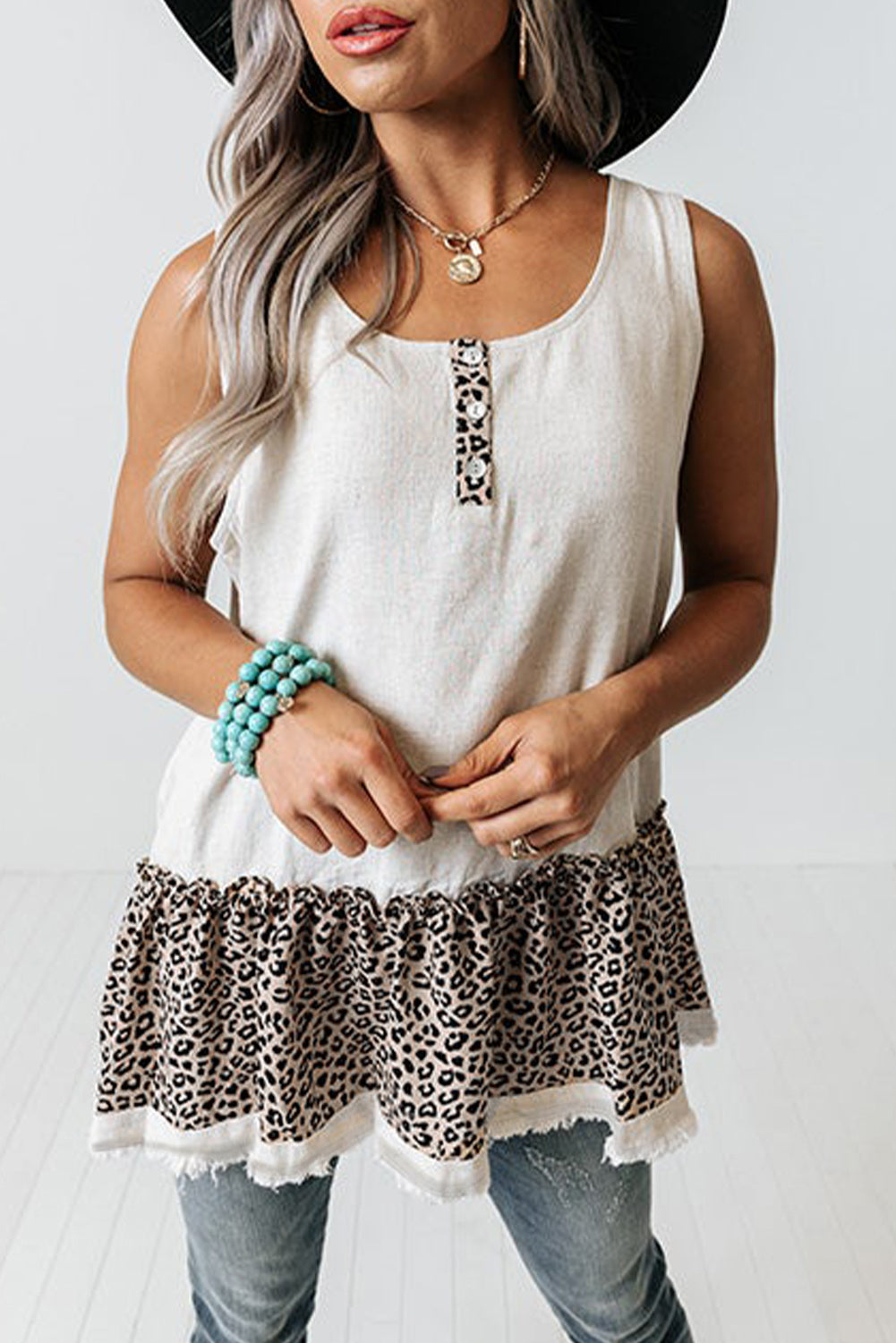 White Leopard Peplum Hemline Flowy Tank Top White 95%Polyester+5%Elastane Tank Tops JT's Designer Fashion