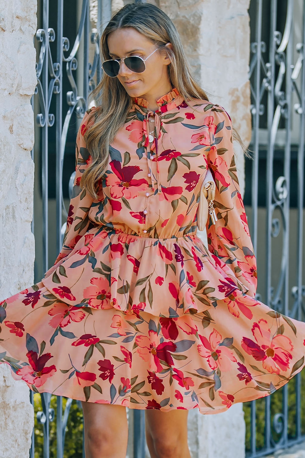 Fiery Red Frilled Collar Long Sleeve Floral Dress with Ruffle Floral Dresses JT's Designer Fashion