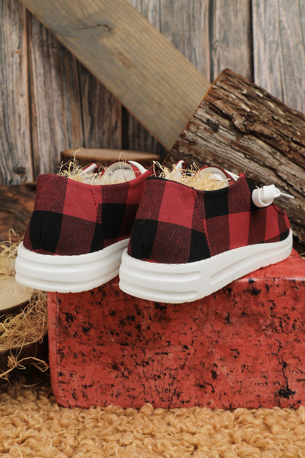 Red Vintage Plaid Lace Up Flat Shoes Women's Shoes JT's Designer Fashion