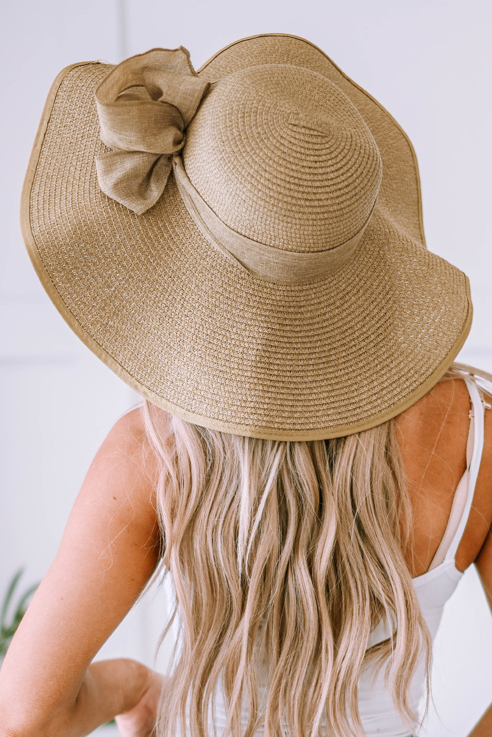 Khaki Ribbon Bow Decor Wide Brim Straw Hat Hats & Caps JT's Designer Fashion