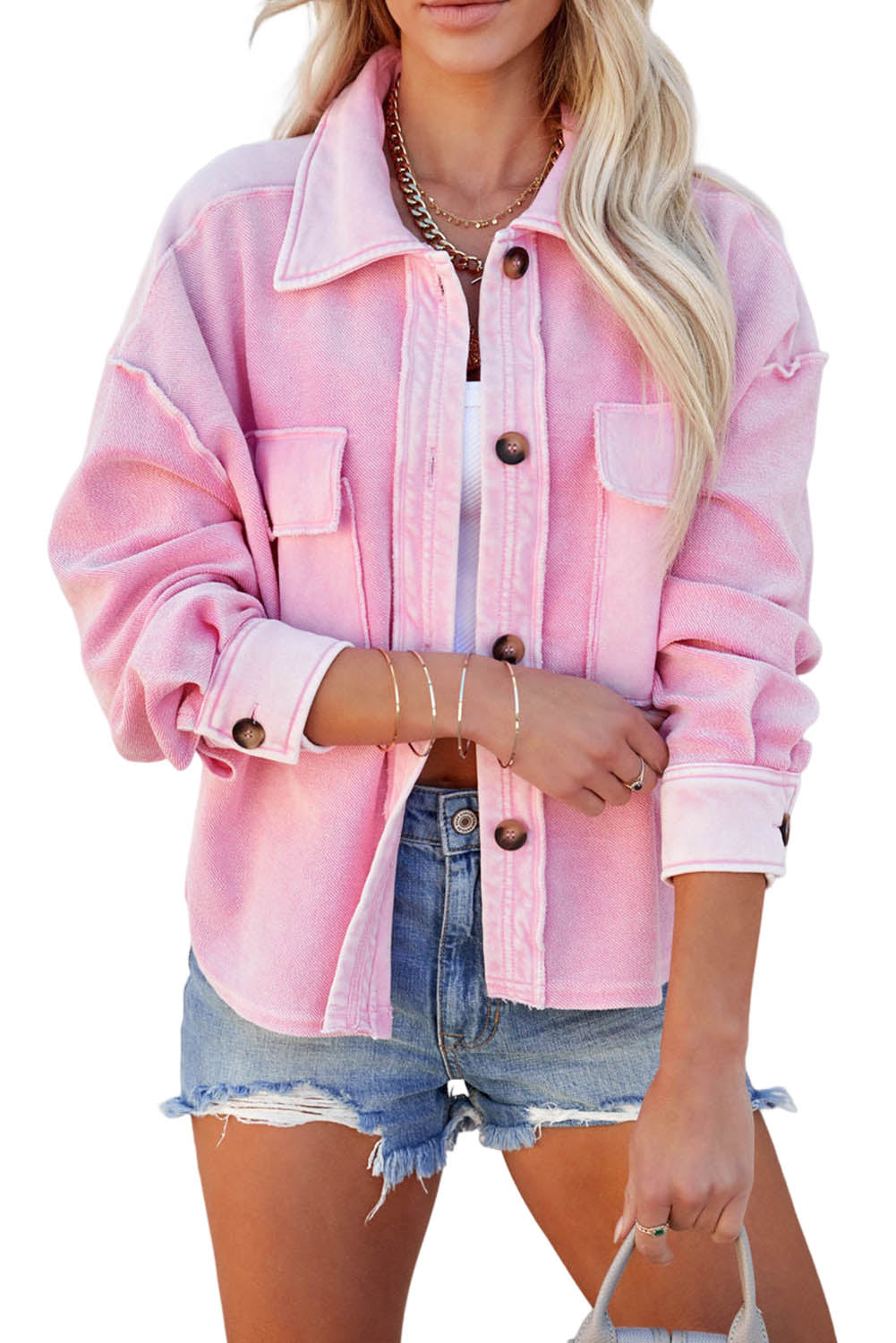 Pink Turn-Down Collar Pockets Denim Jacket Denim jackets JT's Designer Fashion