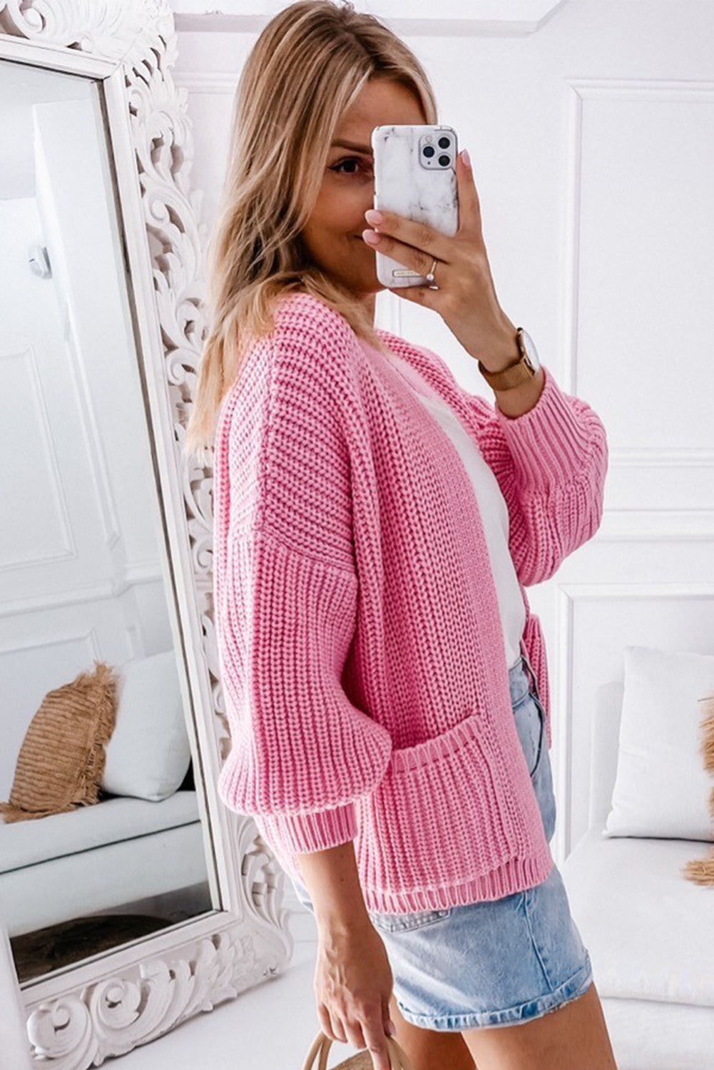 Pink Solid Pocketed Open Short Cardigan Pre Order Sweaters & Cardigans JT's Designer Fashion