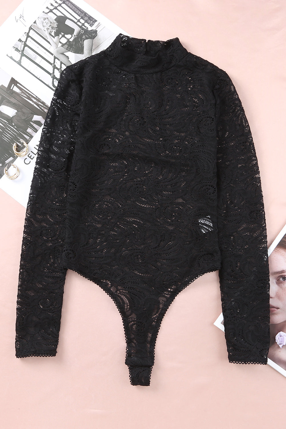 Black Long Sleeve High Neck Skinny Lace Bodysuit Bodysuits JT's Designer Fashion