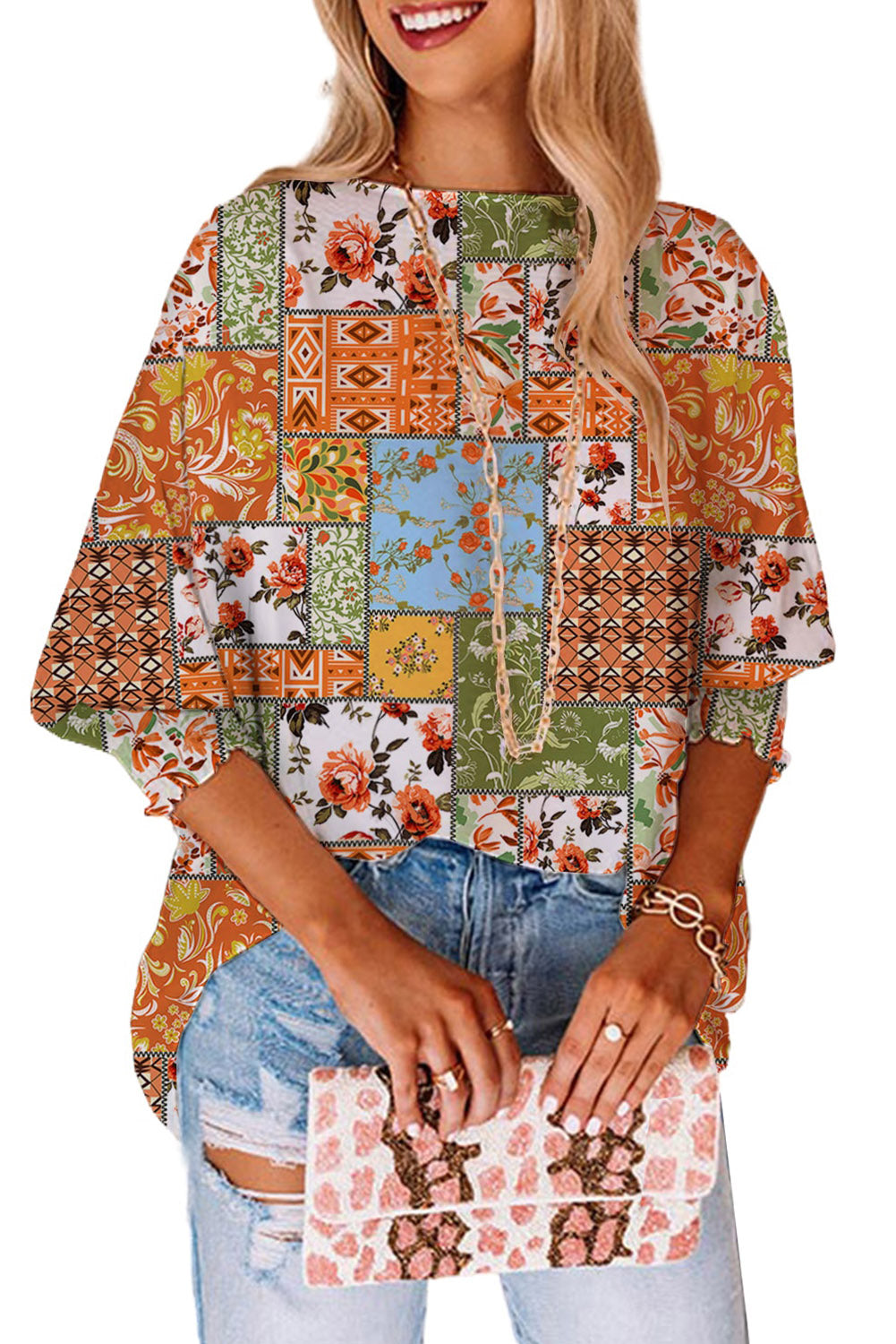 Orange Floral Print Bracelet Sleeve Blouse Tops & Tees JT's Designer Fashion