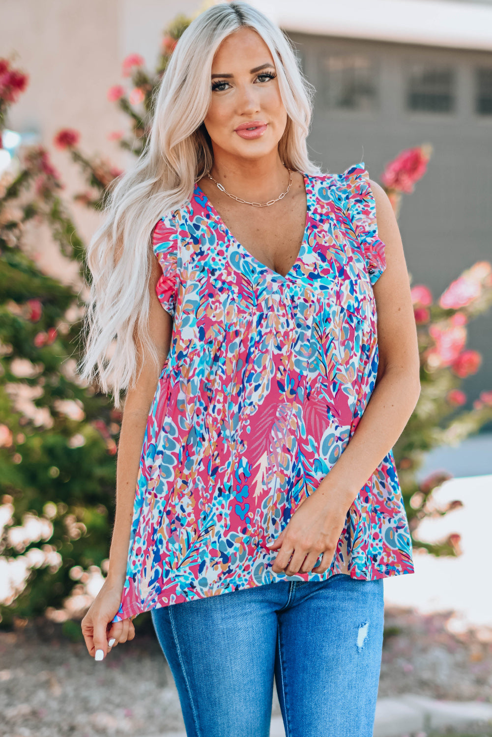 Boho Pattern Print Flounce V Neck Tank Top Pink 95%Polyester+5%Elastane Tank Tops JT's Designer Fashion