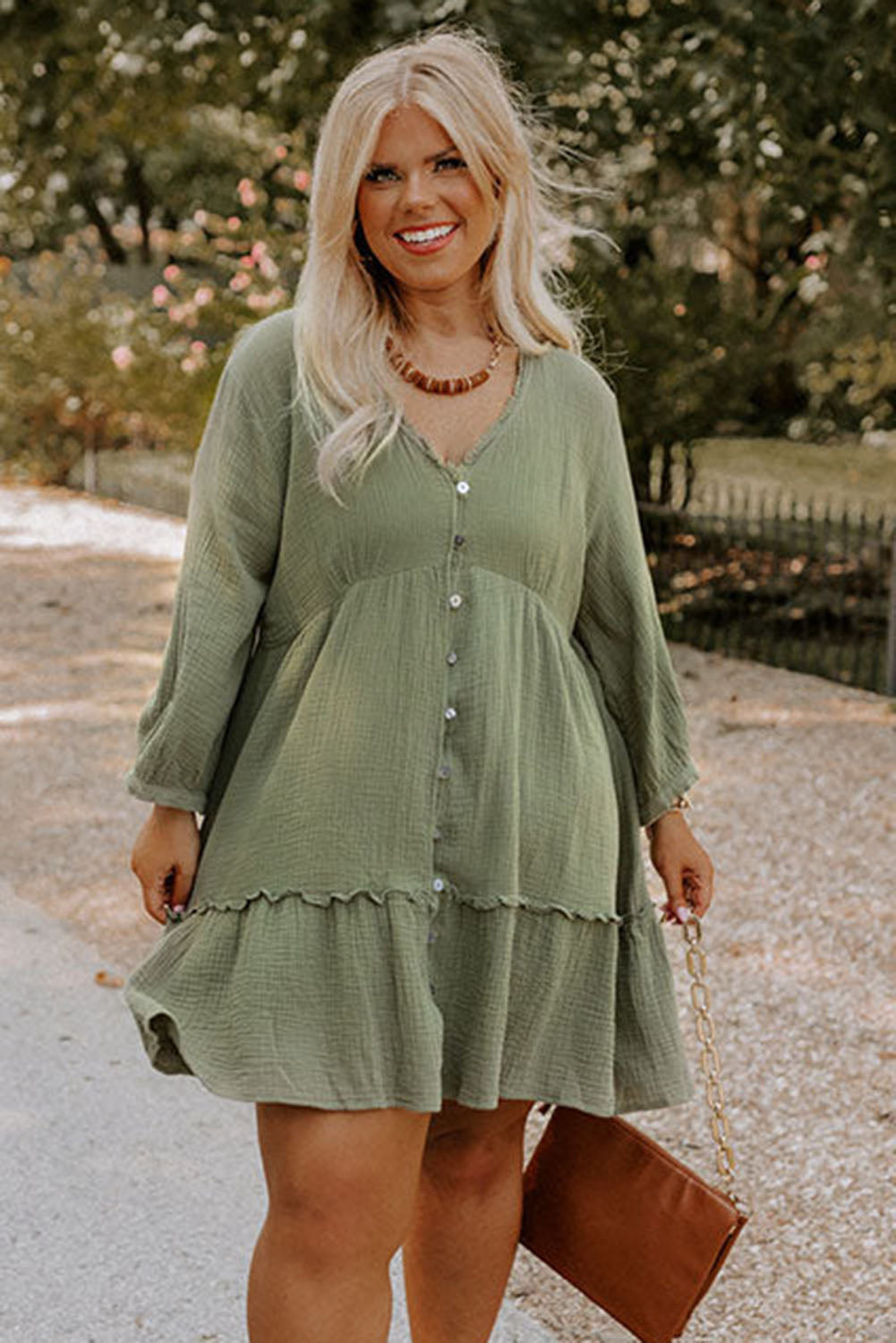 Green Textured Ruffled Buttoned V Neck Plus Size Mini Dress Plus Size JT's Designer Fashion