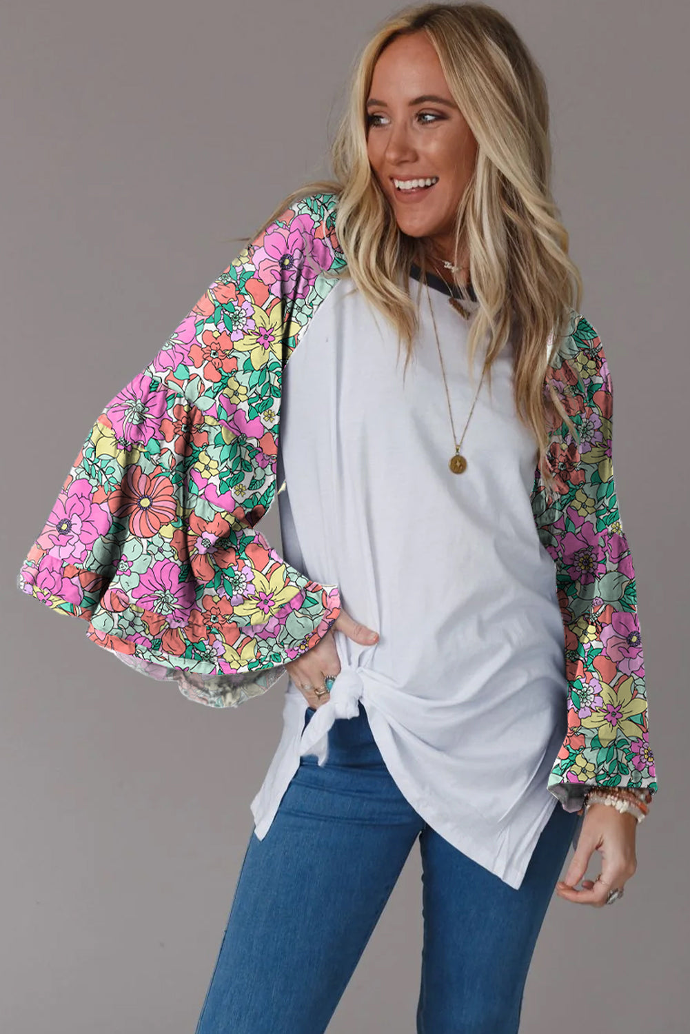 Multicolor-2 Floral/Geometric Print Raglan Sleeve Split Top Tops & Tees JT's Designer Fashion