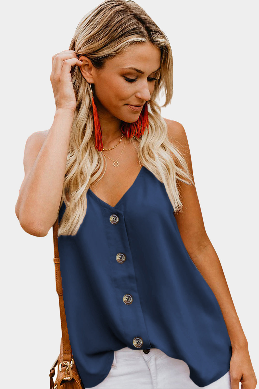 Blue Spaghetti Strap Buttoned Tank Top Tank Tops JT's Designer Fashion