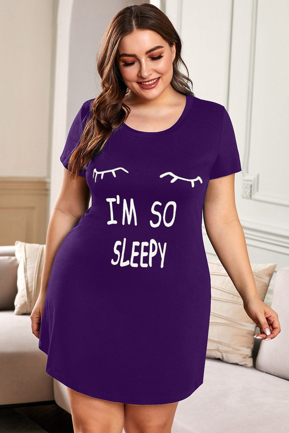 Purple Plus size LET ME SLEEP Graphic Print Black Nightwear Mini Dress Plus Size Dresses JT's Designer Fashion