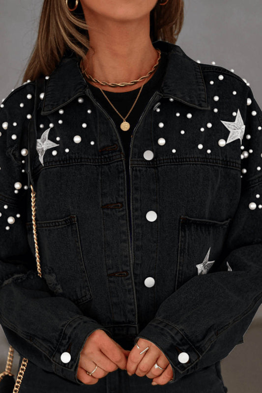 Black Distressed Pearls Star Cropped Denim Jacket Outerwear JT's Designer Fashion