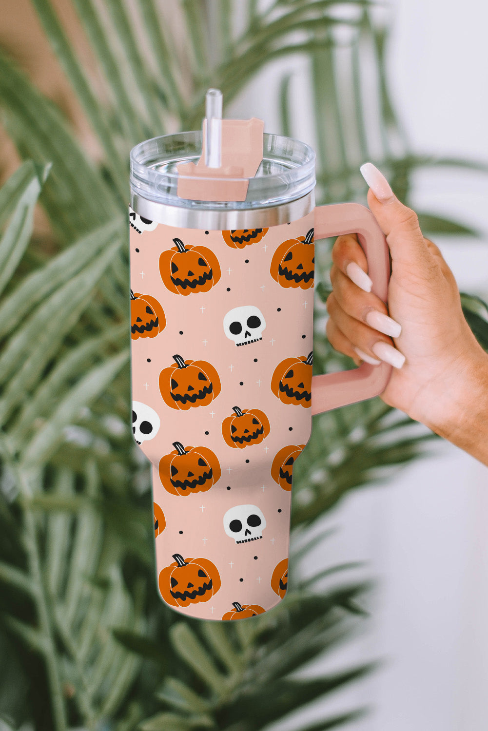 Orange Halloween Pumpkin Skull Print Handle Straw Tumbler Tumblers JT's Designer Fashion