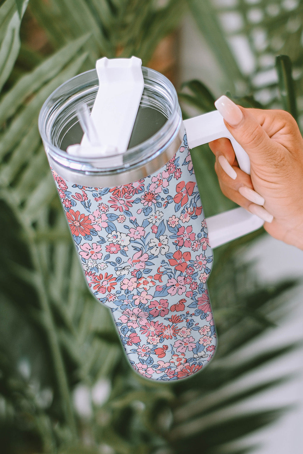 Multicolour Floral Print Handled Stainless Tumbler with Straw Tumblers JT's Designer Fashion