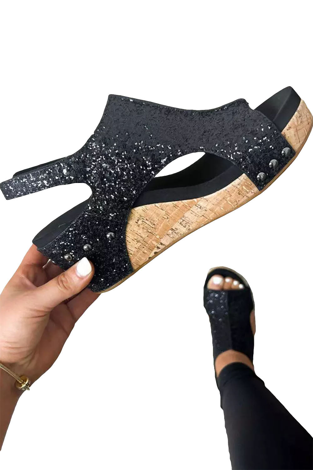 Black Buckle Hollow Out Sequin Wedge Sandals Sandals JT's Designer Fashion