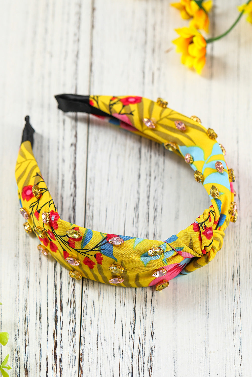 Yellow Rhinestone Floral Print Knotted Headband Headwear JT's Designer Fashion