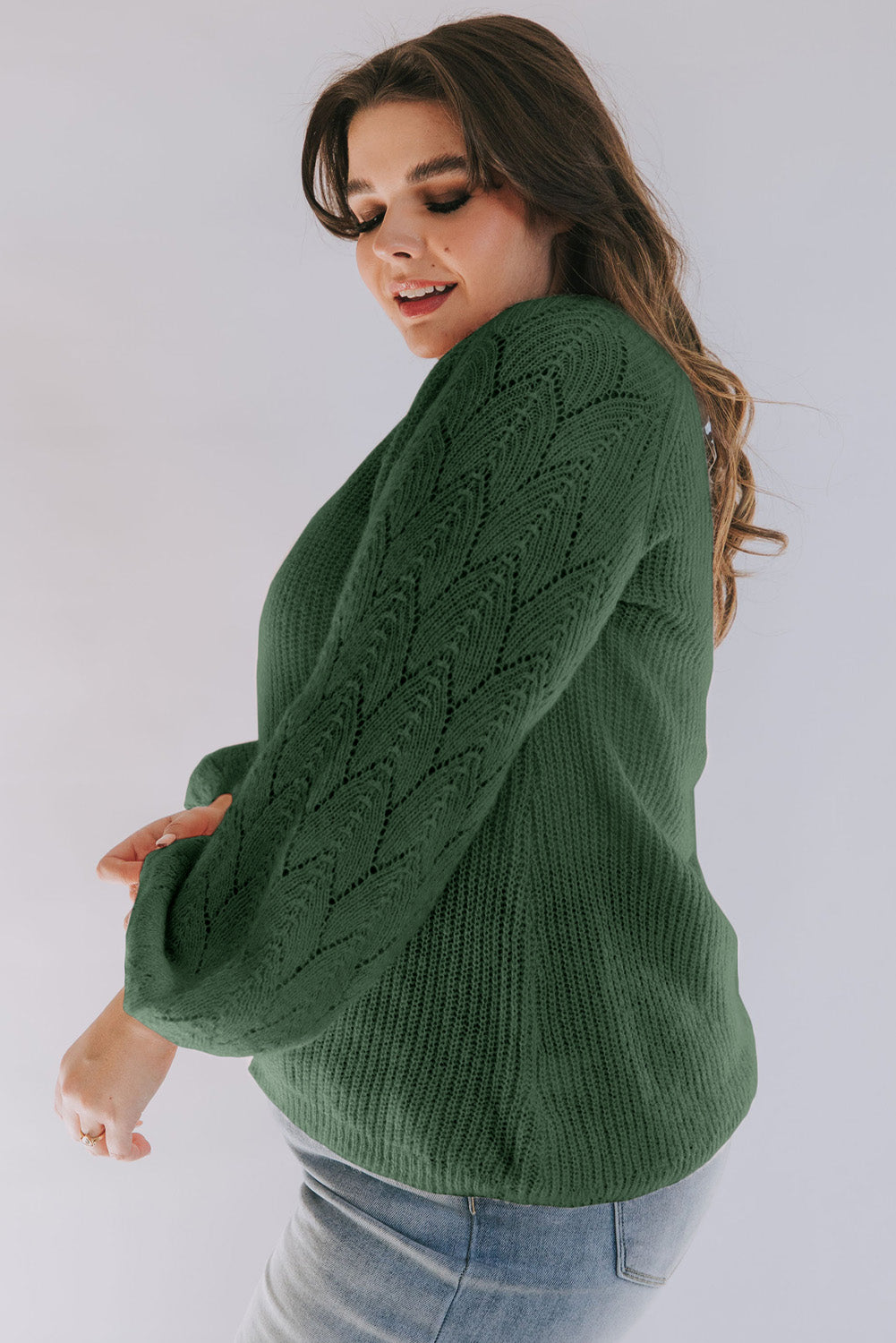 Green Contrast Lace V Neck Puff Sleeve Curvy Sweater Plus Size JT's Designer Fashion