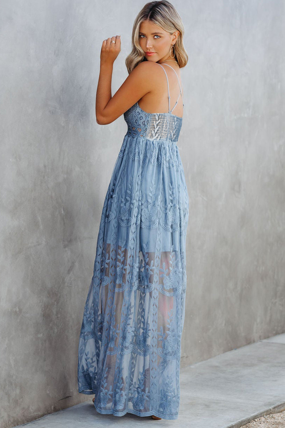 Sky Blue Lace Crisscross Backless Maxi Dress Maxi Dresses JT's Designer Fashion