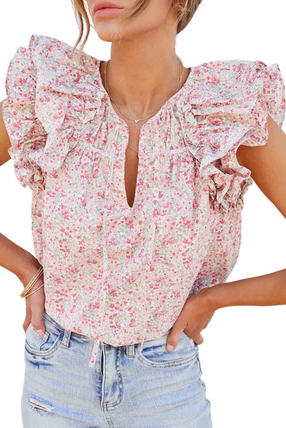 Red Tie Front Floral Ruffle Sleeve Blouse Tops & Tees JT's Designer Fashion