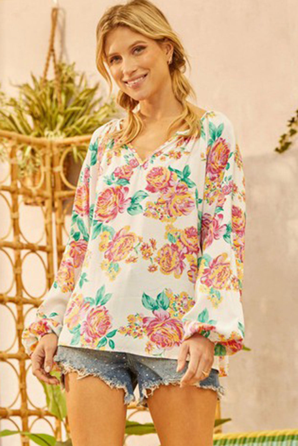 White Notch V Neck Floral Pleated Puff Sleeve Blouse Tops & Tees JT's Designer Fashion