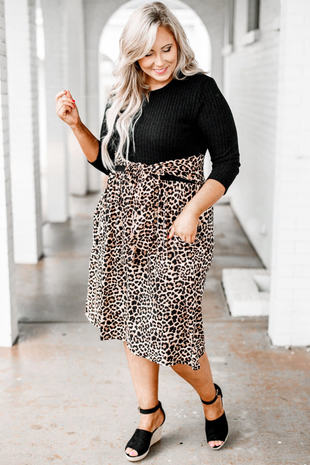 Ribbed Knit Leopard Plus Size Midi Dress Plus Size Dresses JT's Designer Fashion