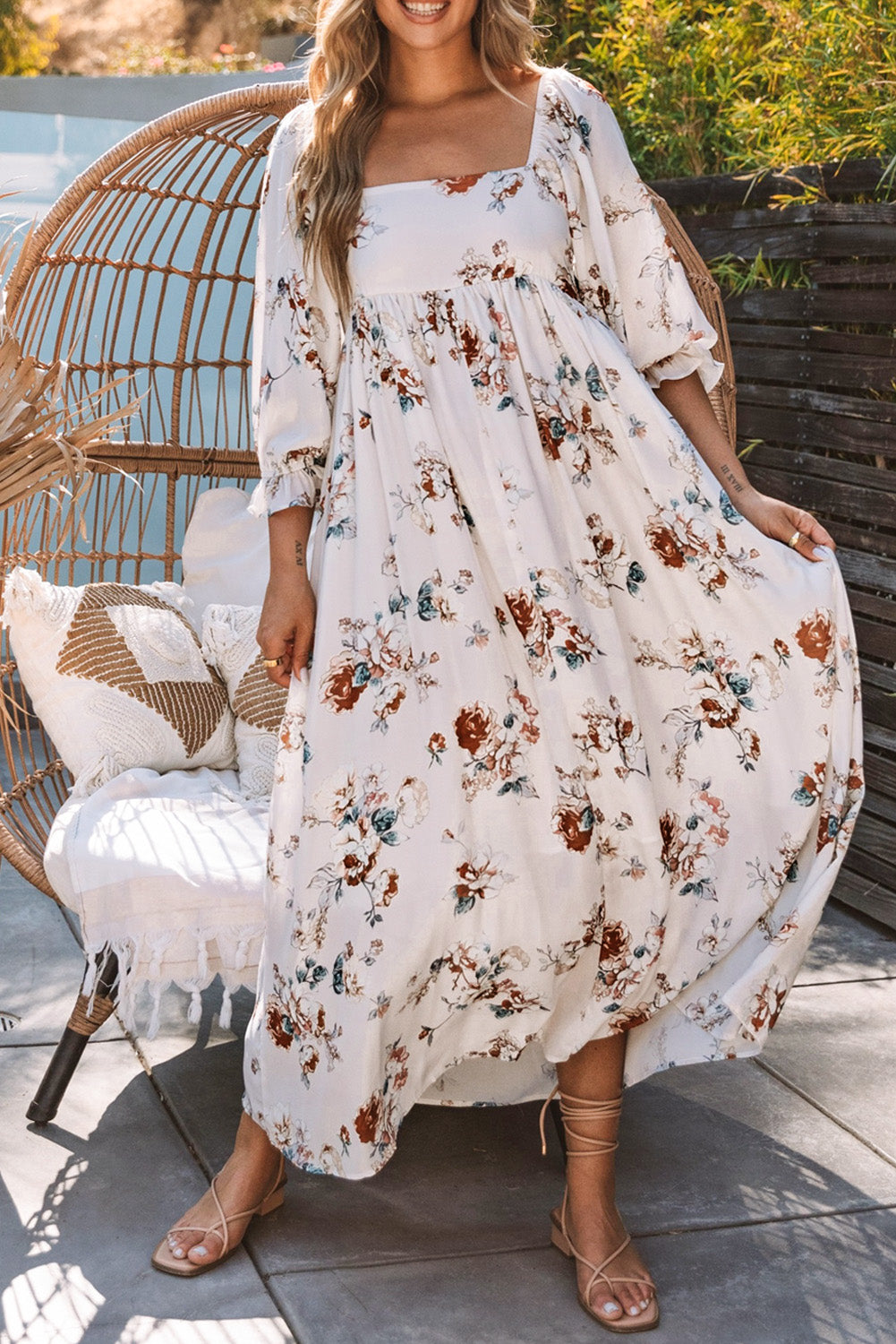 White Puff Mid-sleeve Floral Maxi Dress White 100%Polyester Maxi Dresses JT's Designer Fashion