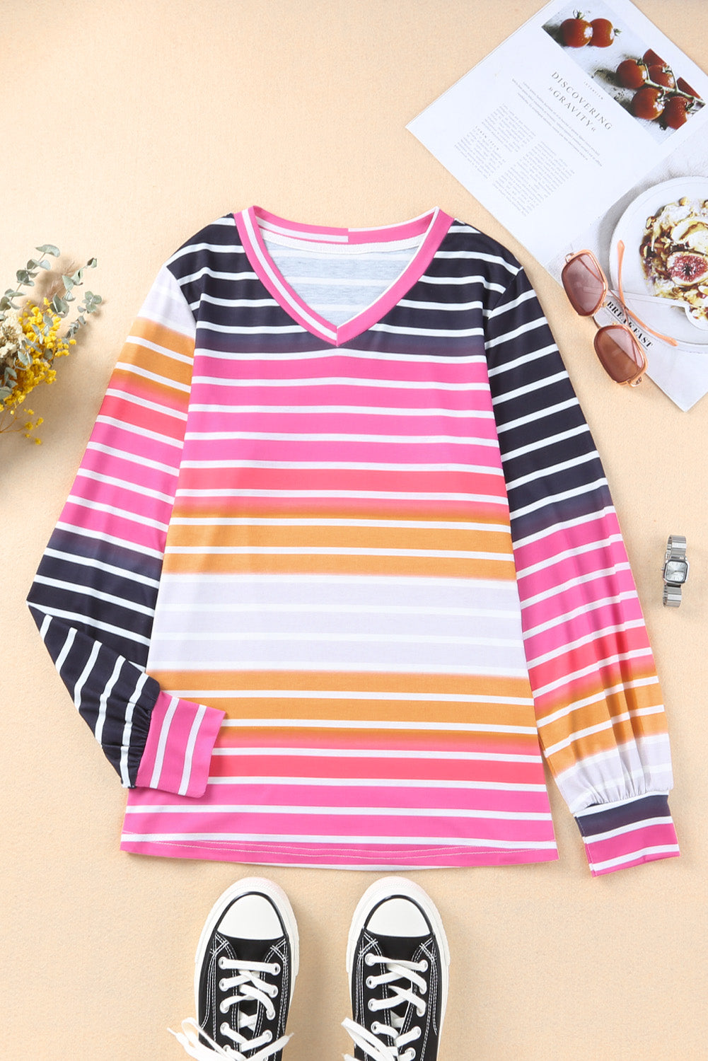 Multicolor Gradient Striped Long Sleeve V-Neck Blouse Long Sleeve Tops JT's Designer Fashion