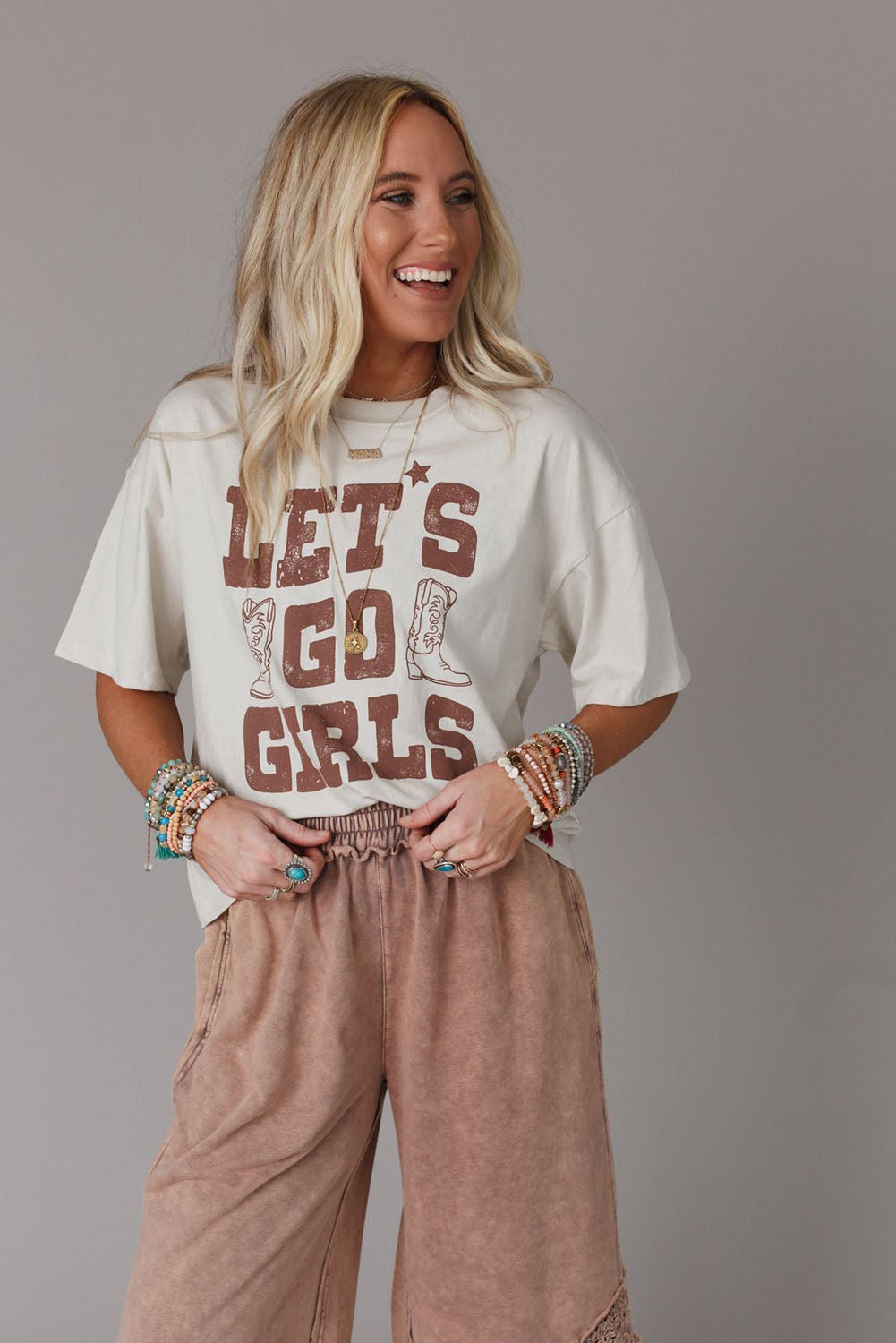 White LETS GO GIRLS Western Boots Graphic Tee Tops & Tees JT's Designer Fashion