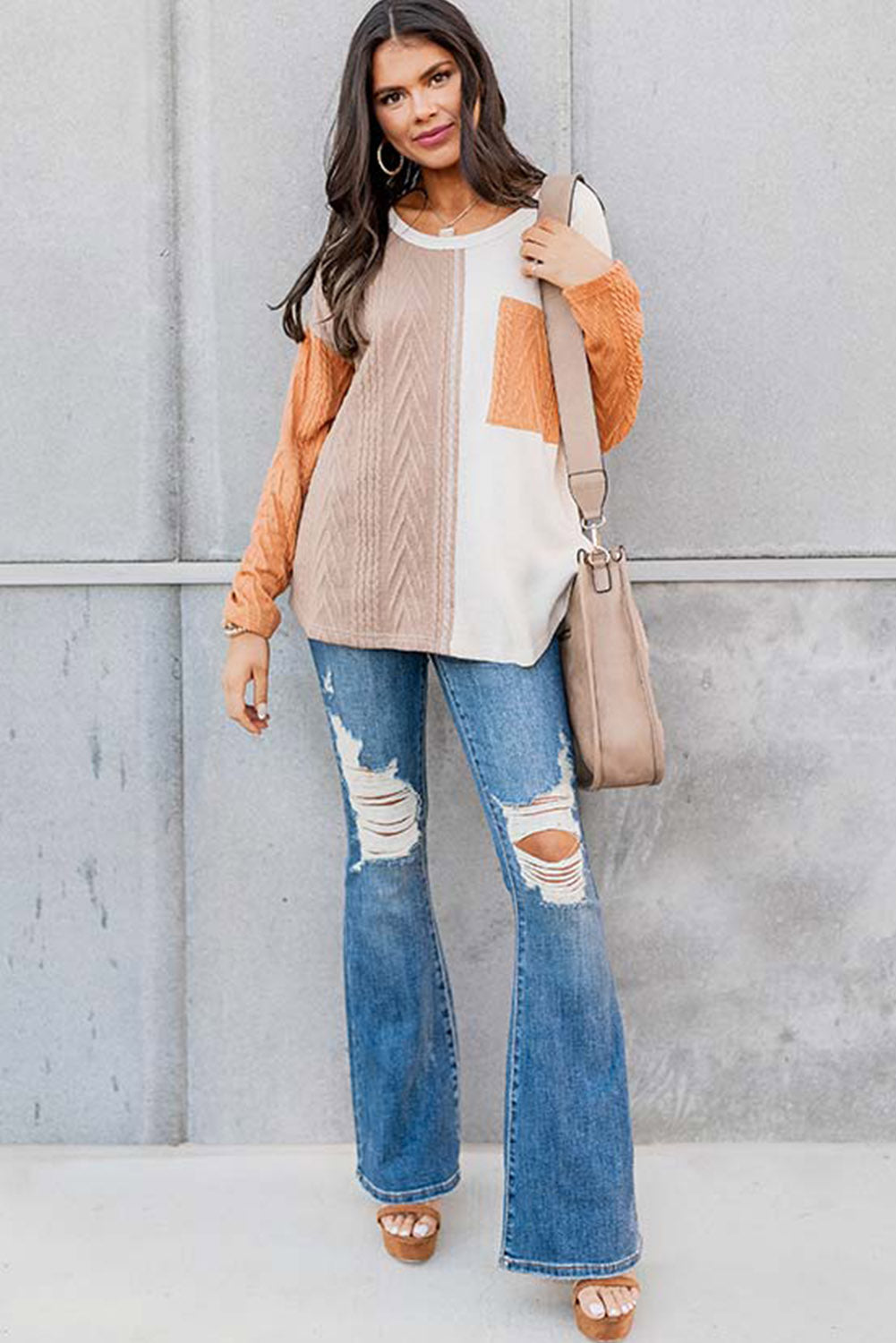 Orange Long Sleeve Colorblock Chest Pocket Textured Knit Top Tops & Tees JT's Designer Fashion