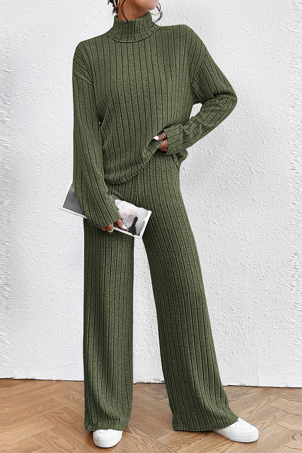 Jungle Green Ribbed Knit High Neck Loose Top and Pants Set Bottoms JT's Designer Fashion